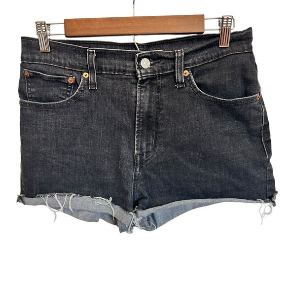 Levi's Black Denim Shorts High Rise Womens Size 30 Distressed Hem - Picture 3 of 8